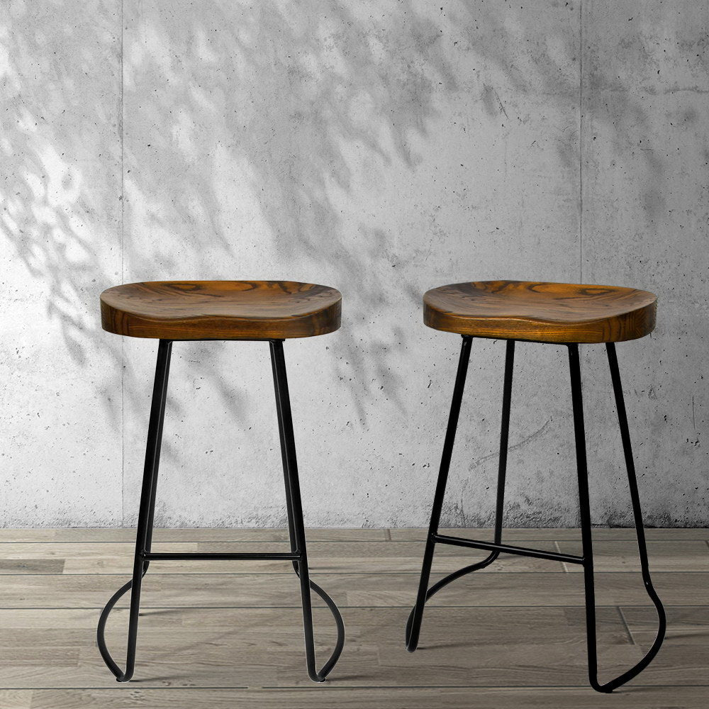 Set of 2 Elm Wood Backless Bar Stools 65cm - Black and Dark Natural - image7