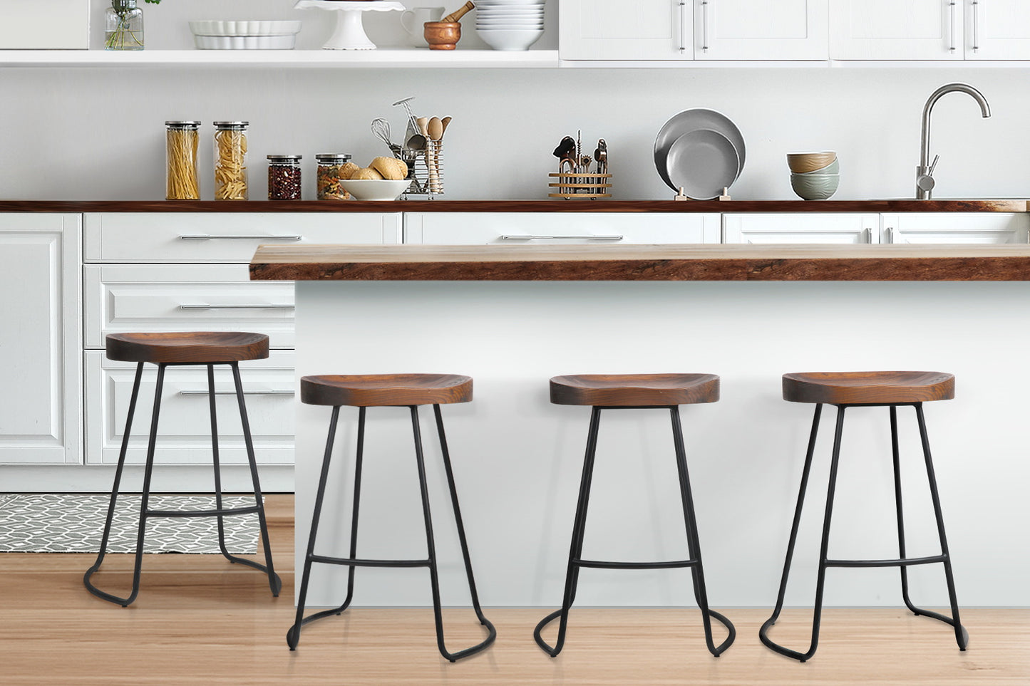 Set of 4 Elm Wood Backless Bar Stools 65cm - Black and Dark Natural - image10