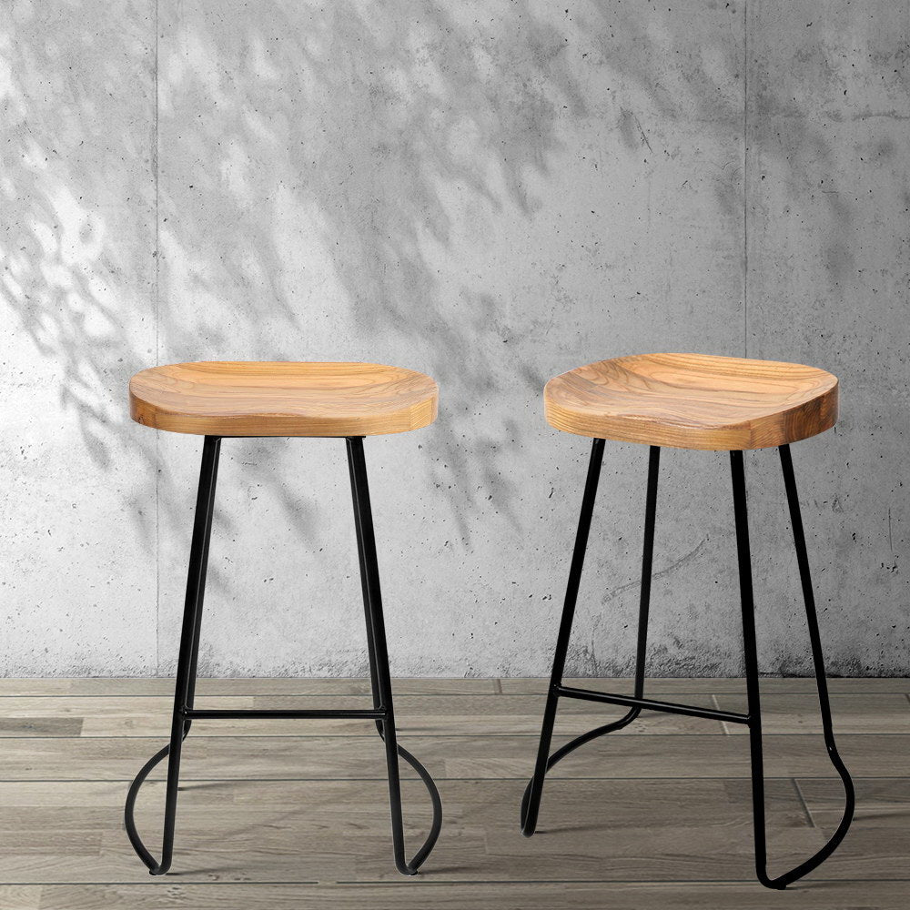 Set of 2 Elm Wood Backless Bar Stools 65cm - Black and Light Natural - image7