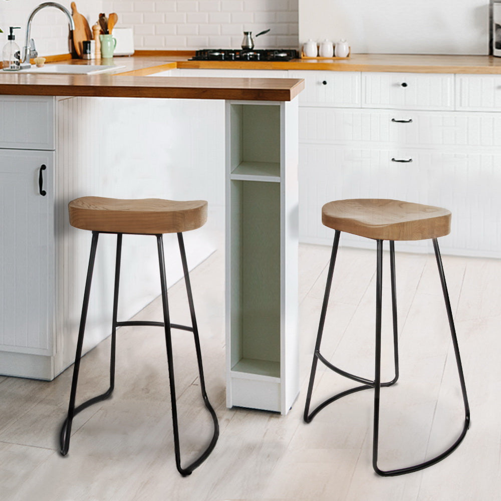 Set of 2 Elm Wood Backless Bar Stools 75cm - Black and Light Natural - image10