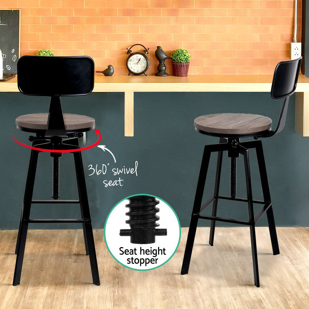 Set of 2 Rustic Industrial Style Metal Bar Stool - Black and Wood - image6