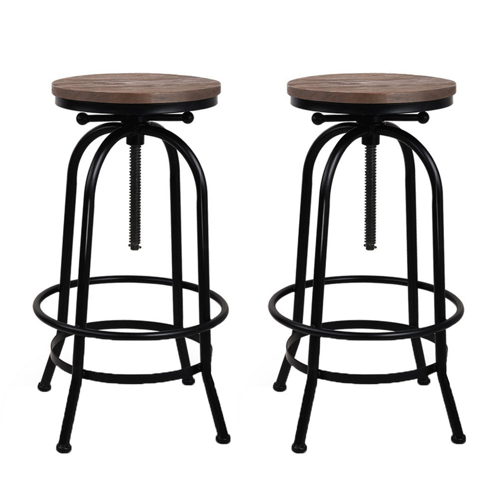 Set of 2 Bar Stool Industrial Round Seat Wood Metal - Black and Brown - image1