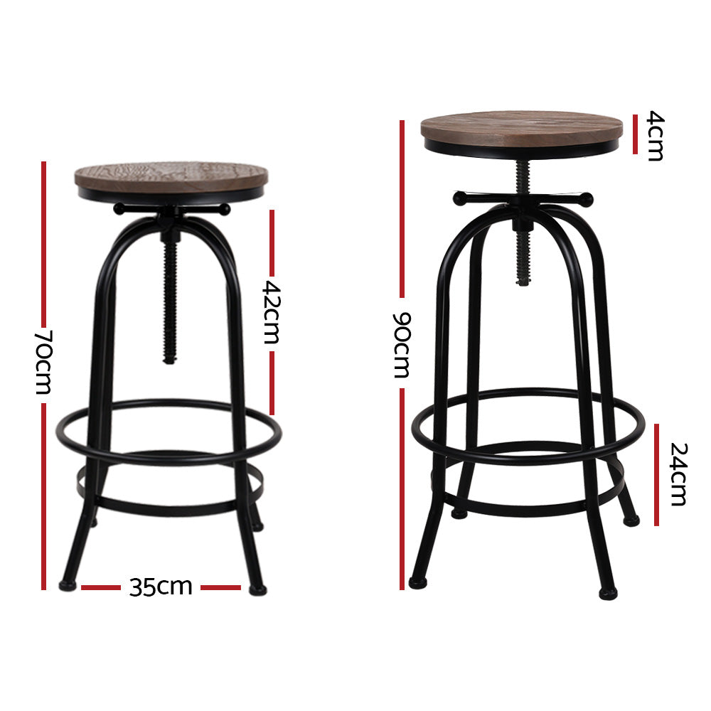 Set of 2 Bar Stool Industrial Round Seat Wood Metal - Black and Brown - image2