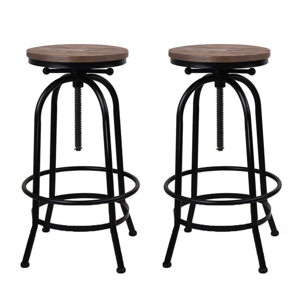 Set of 2 Bar Stool Industrial Round Seat Wood Metal - Black and Brown - image3