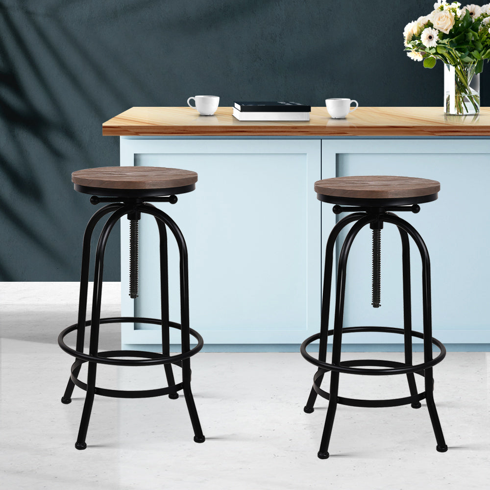 Set of 2 Bar Stool Industrial Round Seat Wood Metal - Black and Brown - image7