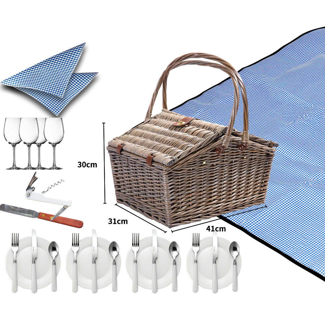 4 Person Picnic Basket Baskets Set Outdoor Blanket Wicker Deluxe Folding Handle - image3