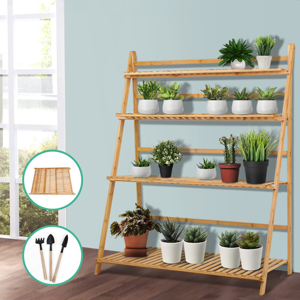 Bamboo Wooden Ladder Shelf Plant Stand Foldable - image7