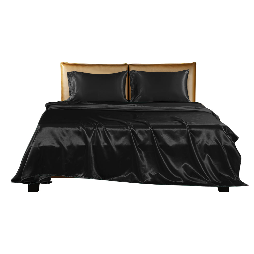 DreamZ Silky Satin Sheets Fitted Flat Bed Sheet Pillowcases Summer Queen Black - image2