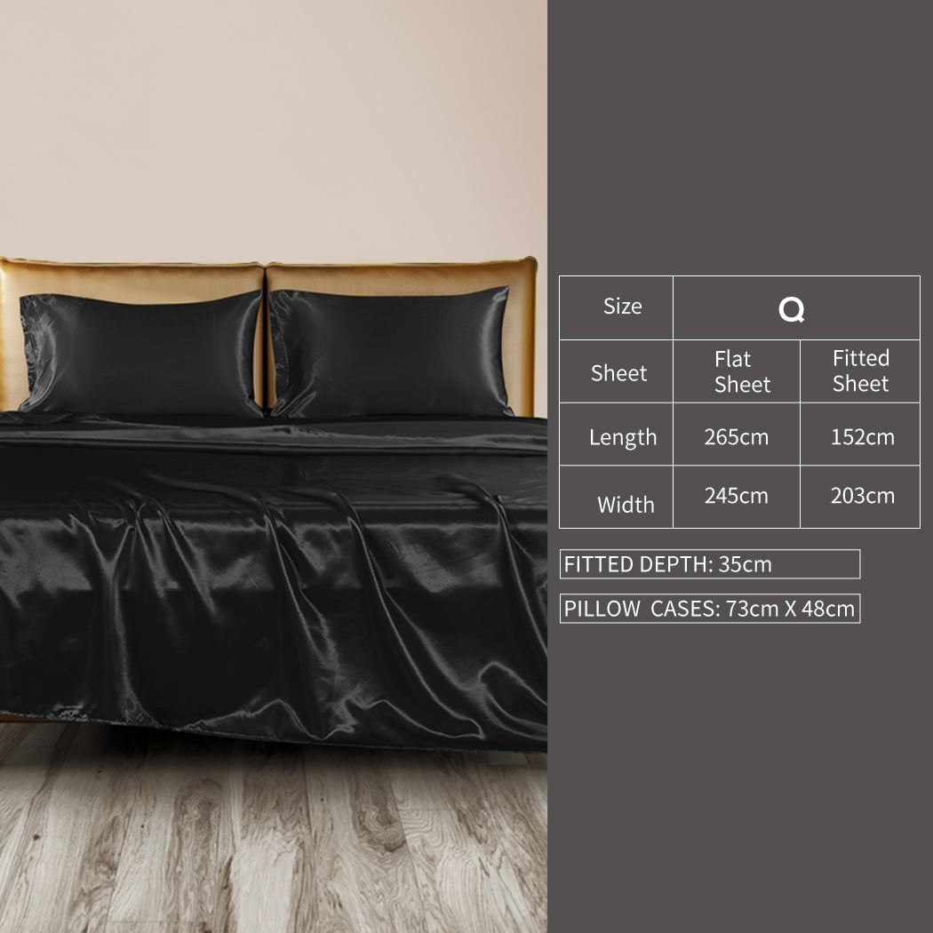 DreamZ Silky Satin Sheets Fitted Flat Bed Sheet Pillowcases Summer Queen Black - image3