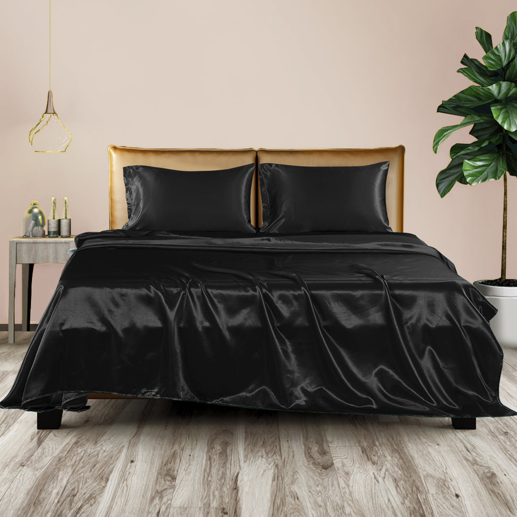 DreamZ Silky Satin Sheets Fitted Flat Bed Sheet Pillowcases Summer Queen Black - image7