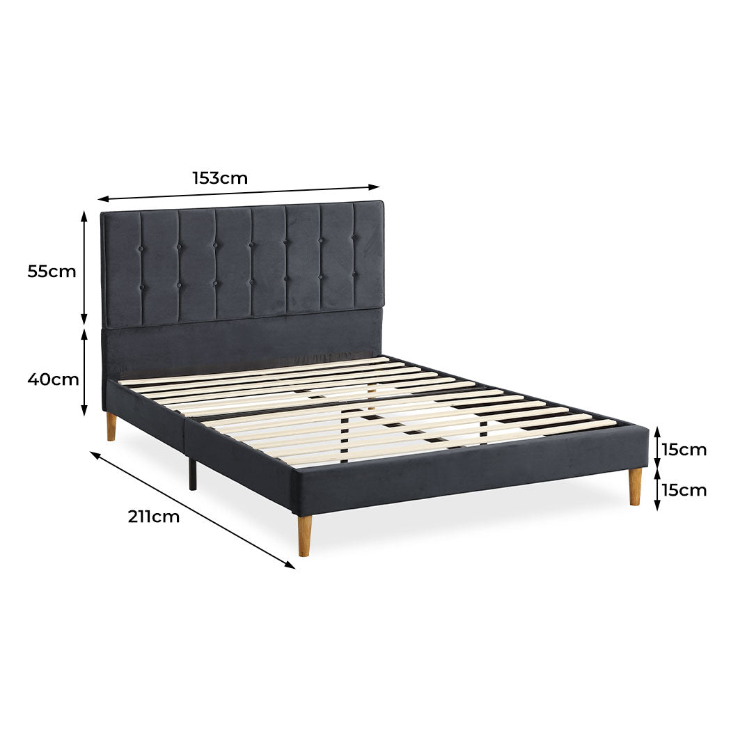 Bed Frame Queen Size Mattress Base Platform Wooden Velevt Headboard Grey - image3