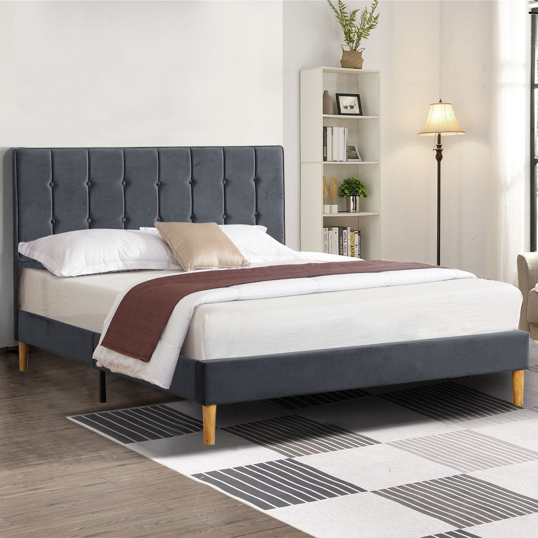 Bed Frame Queen Size Mattress Base Platform Wooden Velevt Headboard Grey - image7