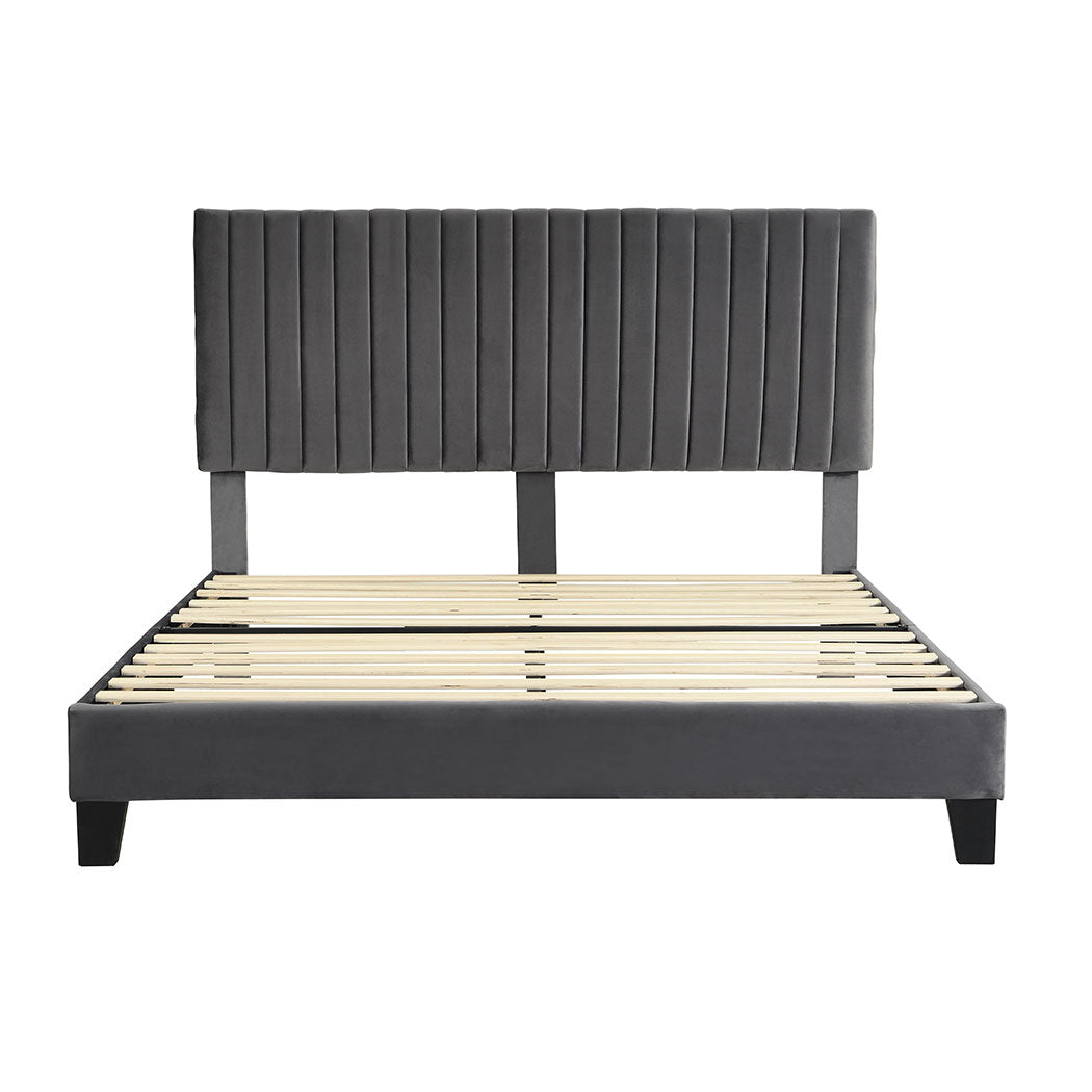 Bed Frame Queen Size Mattress Base Platform Wooden Velevt Headboard Grey - image2