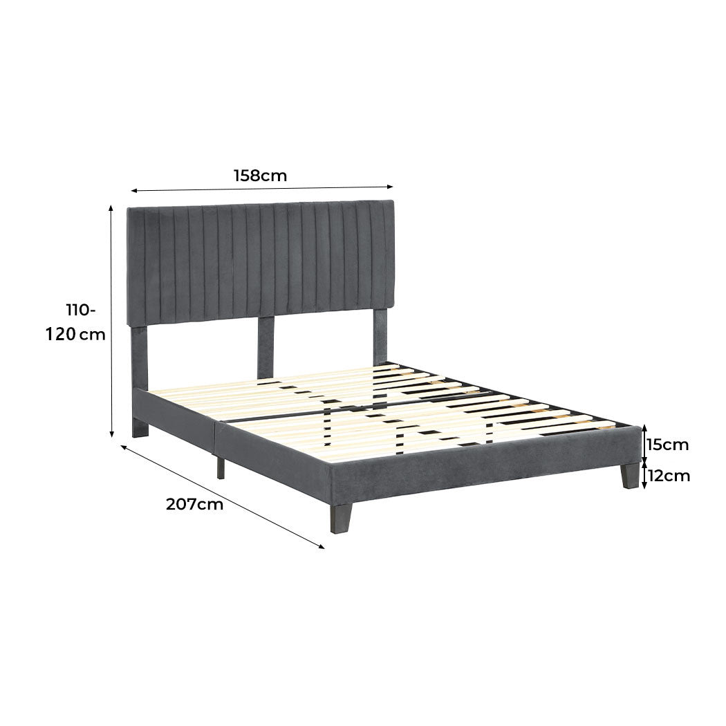 Bed Frame Queen Size Mattress Base Platform Wooden Velevt Headboard Grey - image3