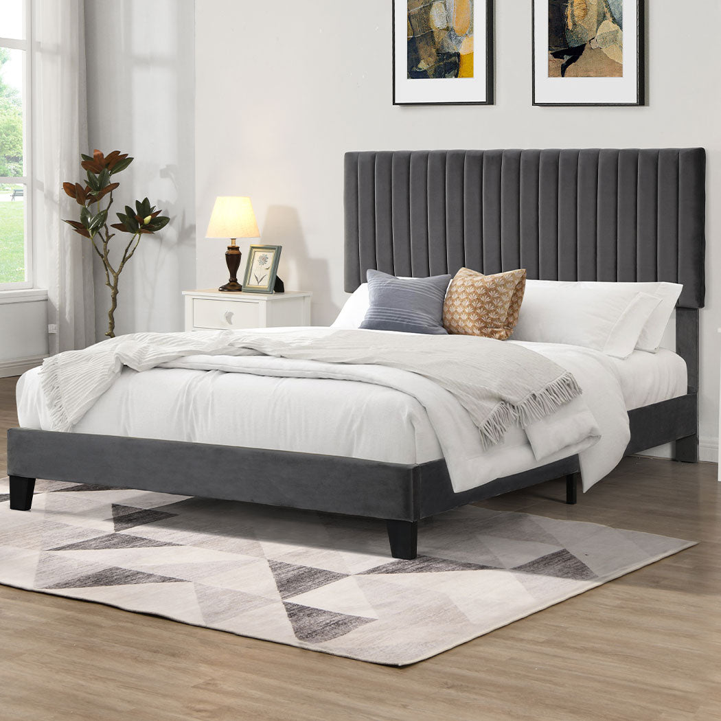 Bed Frame Queen Size Mattress Base Platform Wooden Velevt Headboard Grey - image7