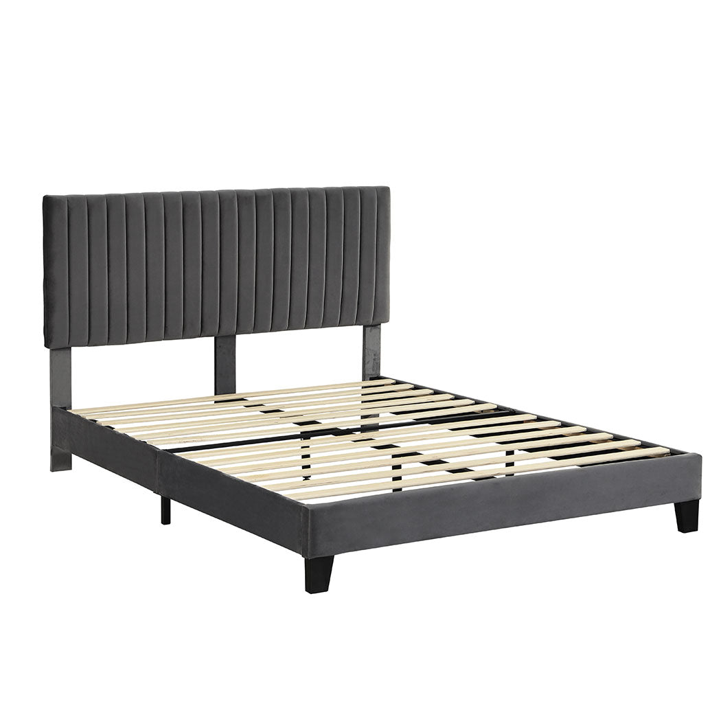 Bed Frame Queen Size Mattress Base Platform Wooden Velevt Headboard Grey - image1