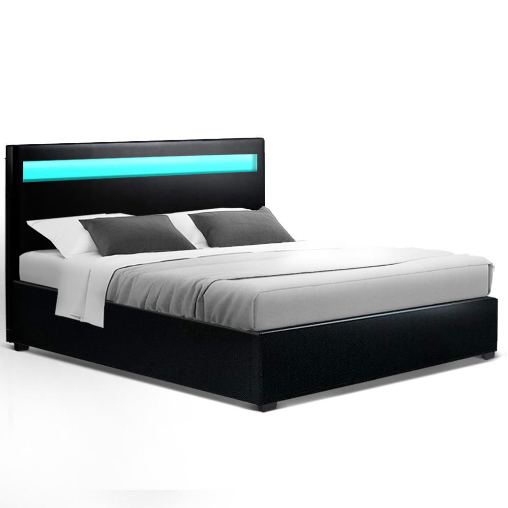 LED Bed Frame PU Leather Gas Lift Storage - Black Double - image1