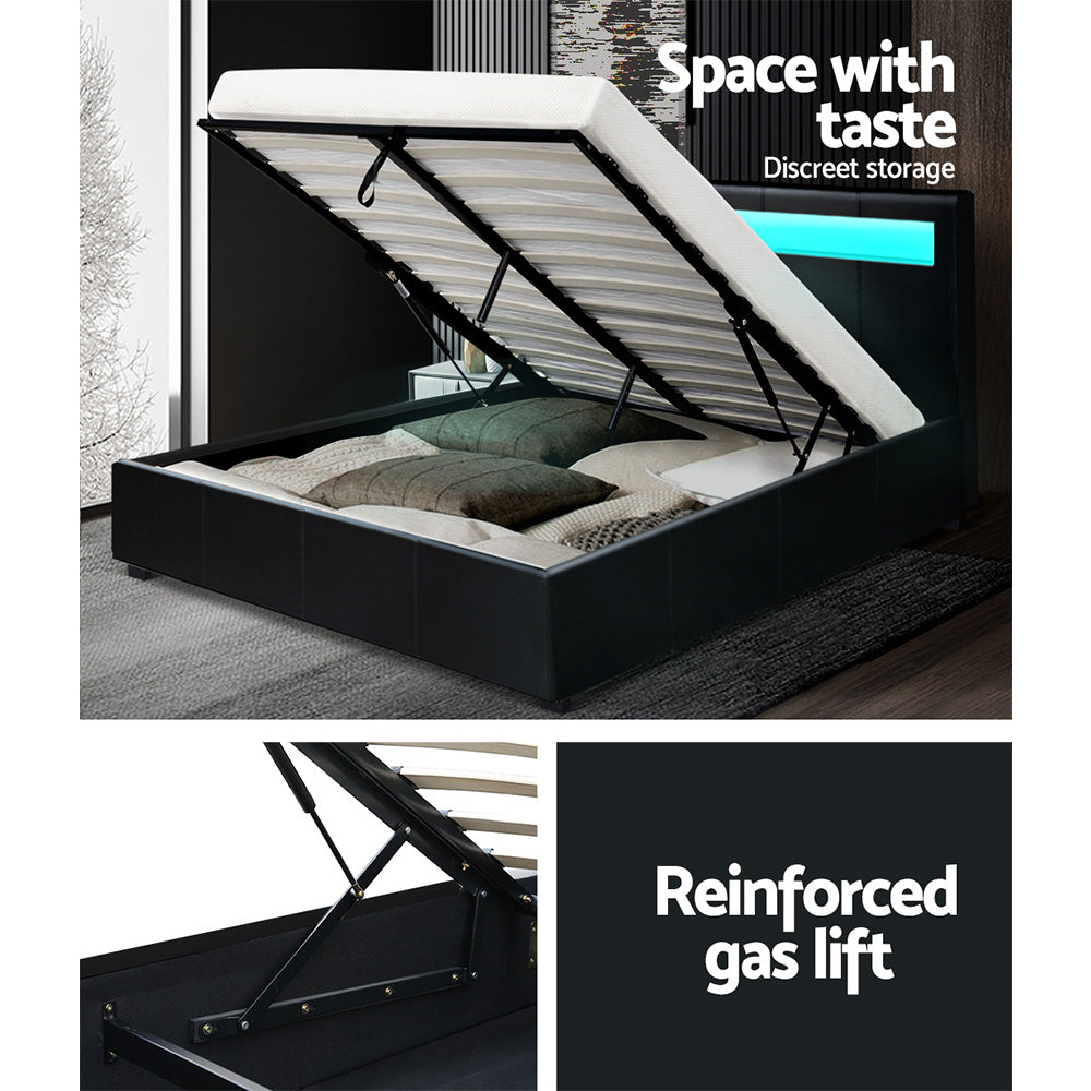 LED Bed Frame PU Leather Gas Lift Storage - Black Double - image8