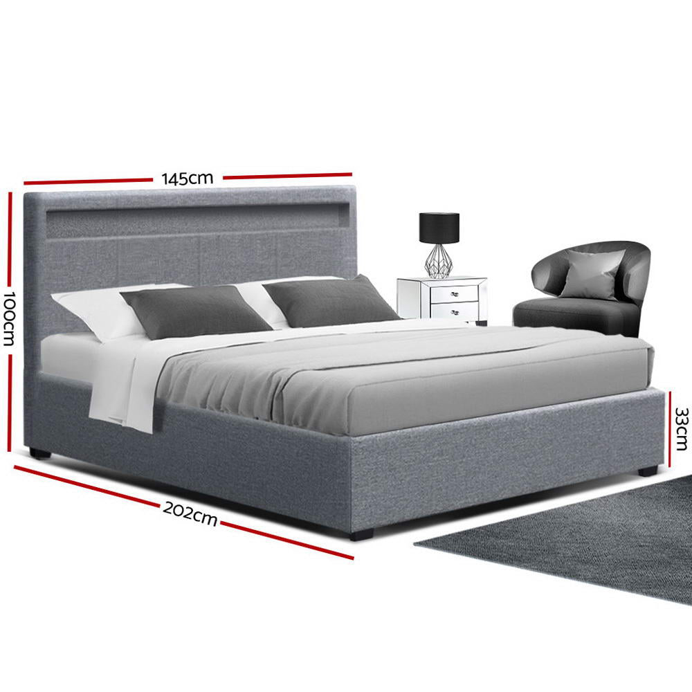 LED Bed Frame Fabric Gas Lift Storage - Grey Double - image2