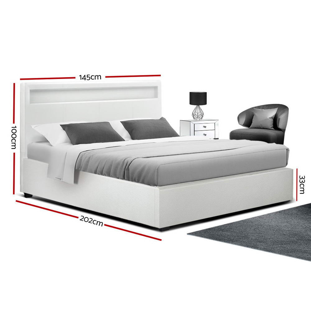 LED Bed Frame PU Leather Gas Lift Storage - White Double - image2