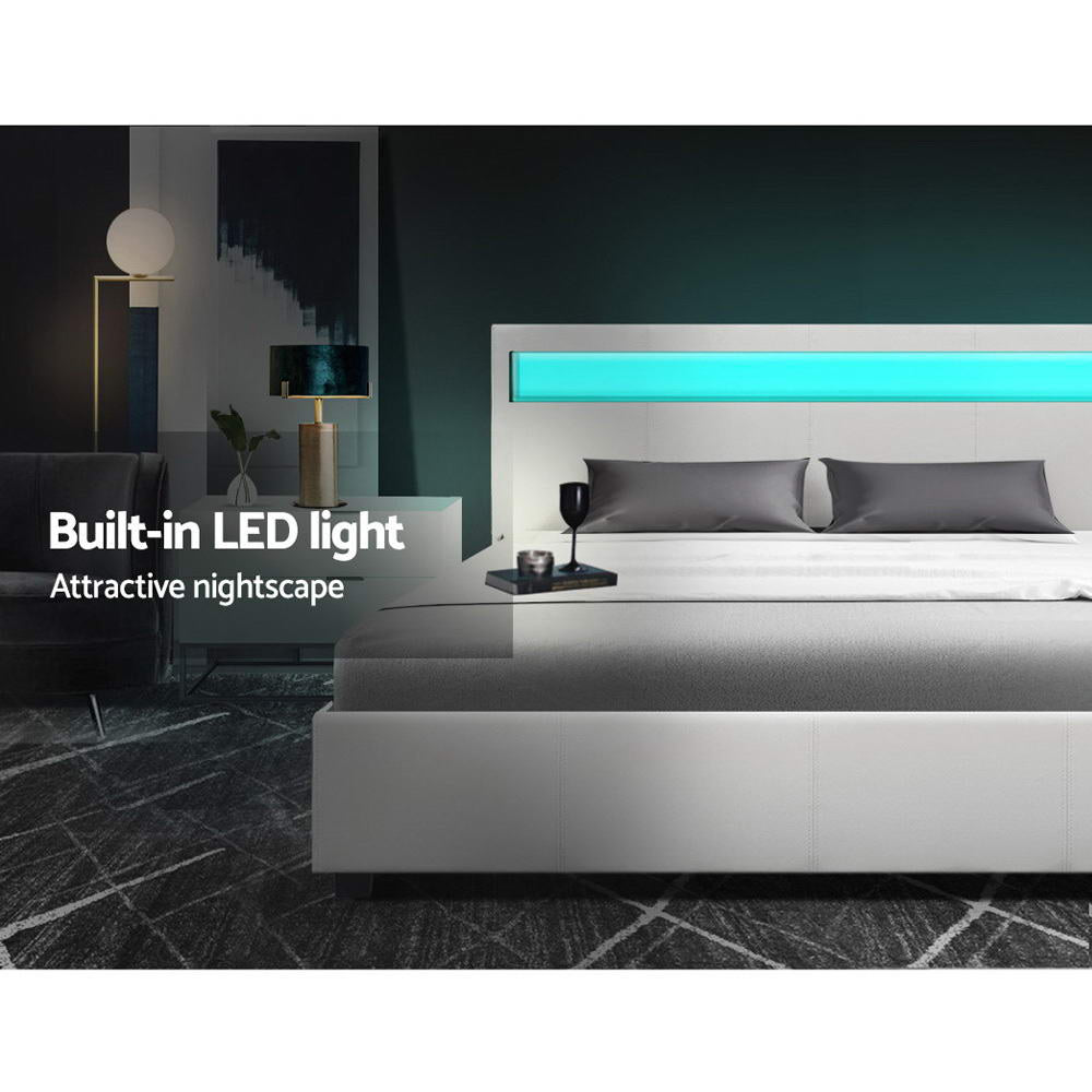 LED Bed Frame PU Leather Gas Lift Storage - White Double - image4