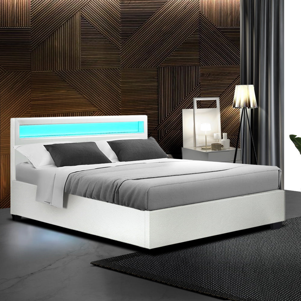 LED Bed Frame PU Leather Gas Lift Storage - White Double - image9