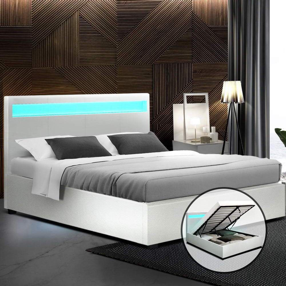 LED Bed Frame PU Leather Gas Lift Storage - White Double - image7