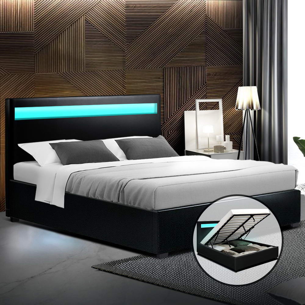 LED Bed Frame PU Leather Gas Lift Storage - Black Queen - image7