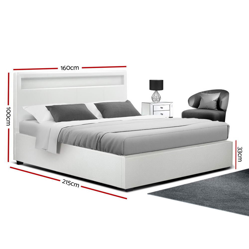 LED Bed Frame PU Leather Gas Lift Storage - White Queen - image2