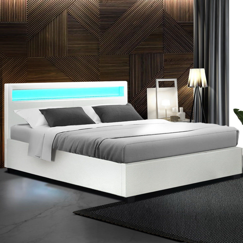 LED Bed Frame PU Leather Gas Lift Storage - White Queen - image9