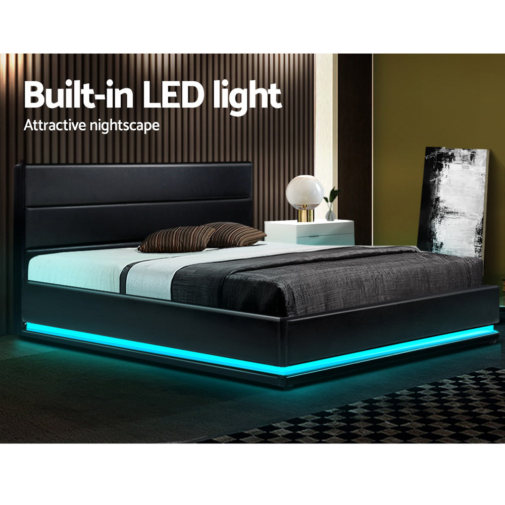 Lumi LED Bed Frame PU Leather Gas Lift Storage - Black Double - image4