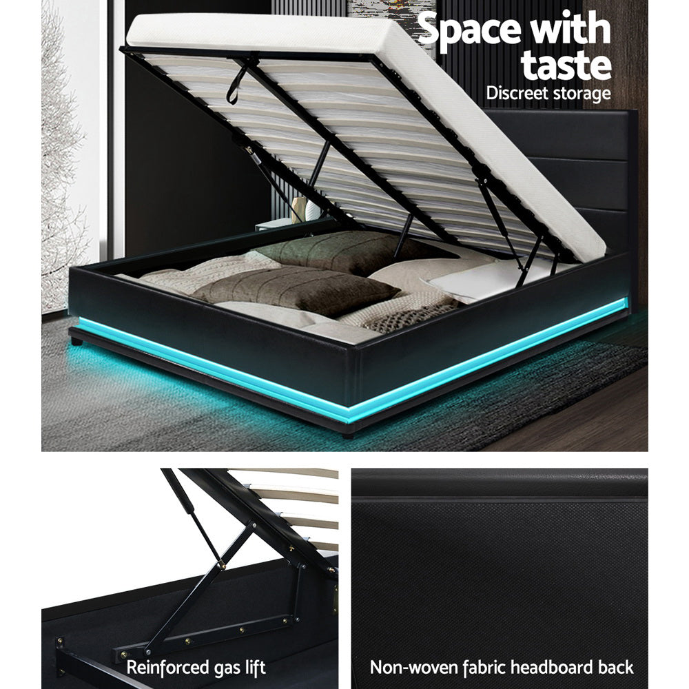 Lumi LED Bed Frame PU Leather Gas Lift Storage - Black Double - image6