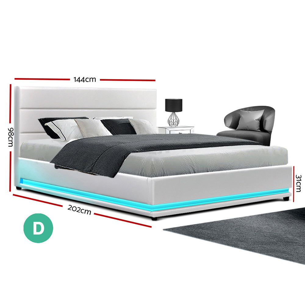 Lumi LED Bed Frame PU Leather Gas Lift Storage - White Double - image2