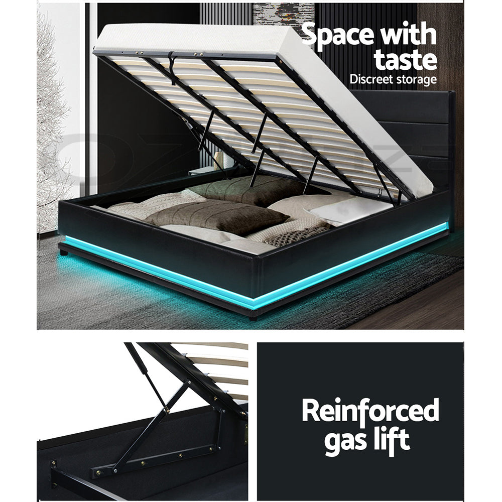 Lumi LED Bed Frame PU Leather Gas Lift Storage - Black King - image8