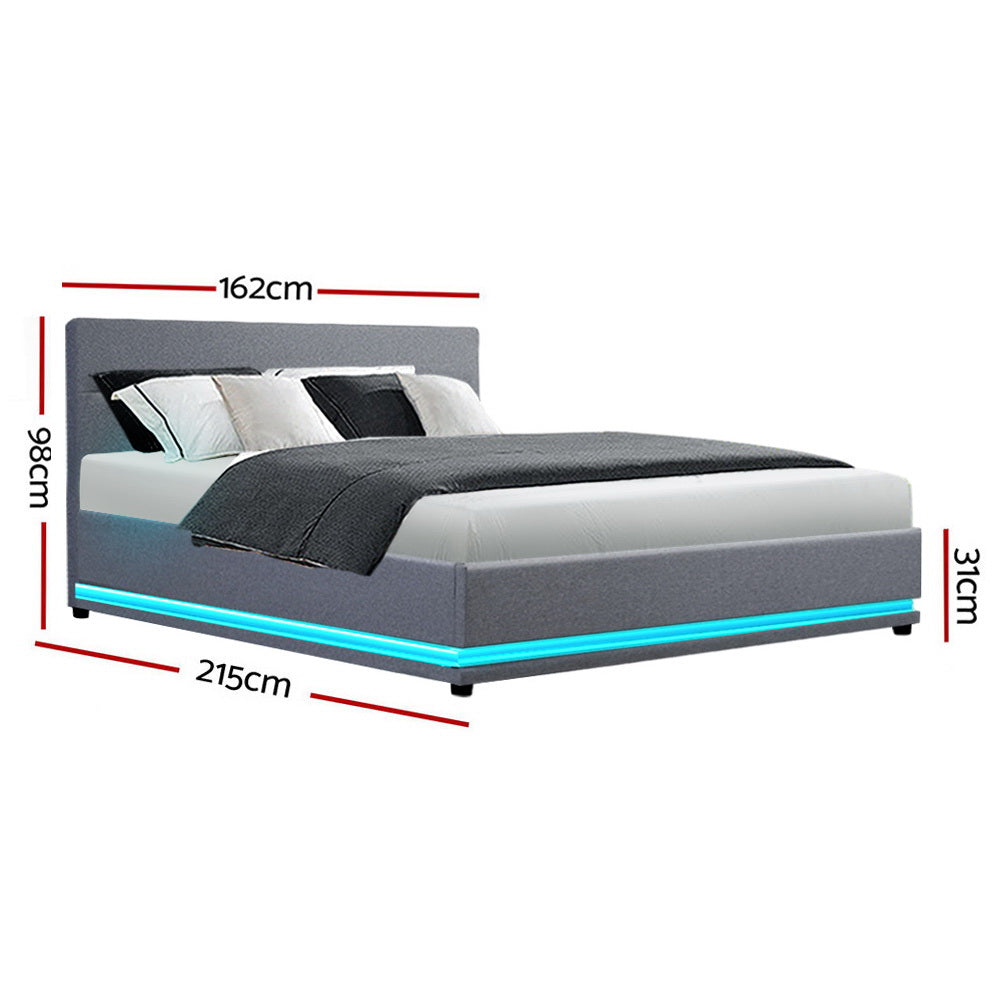 Lumi LED Bed Frame Fabric Gas Lift Storage - Grey Queen - image2