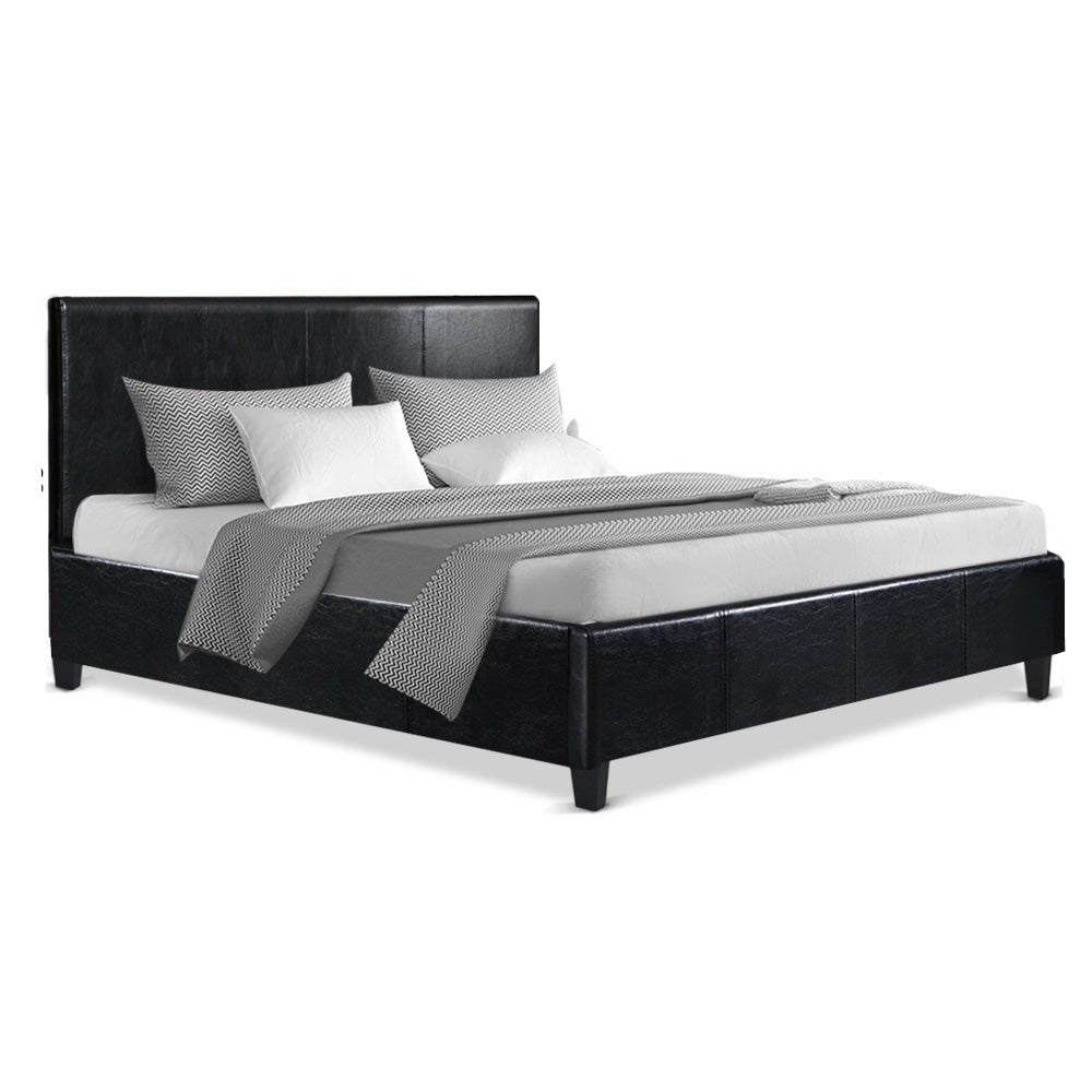 Bed Frame Double Size Base Mattress Platform Leather Wooden Black NEO - image1