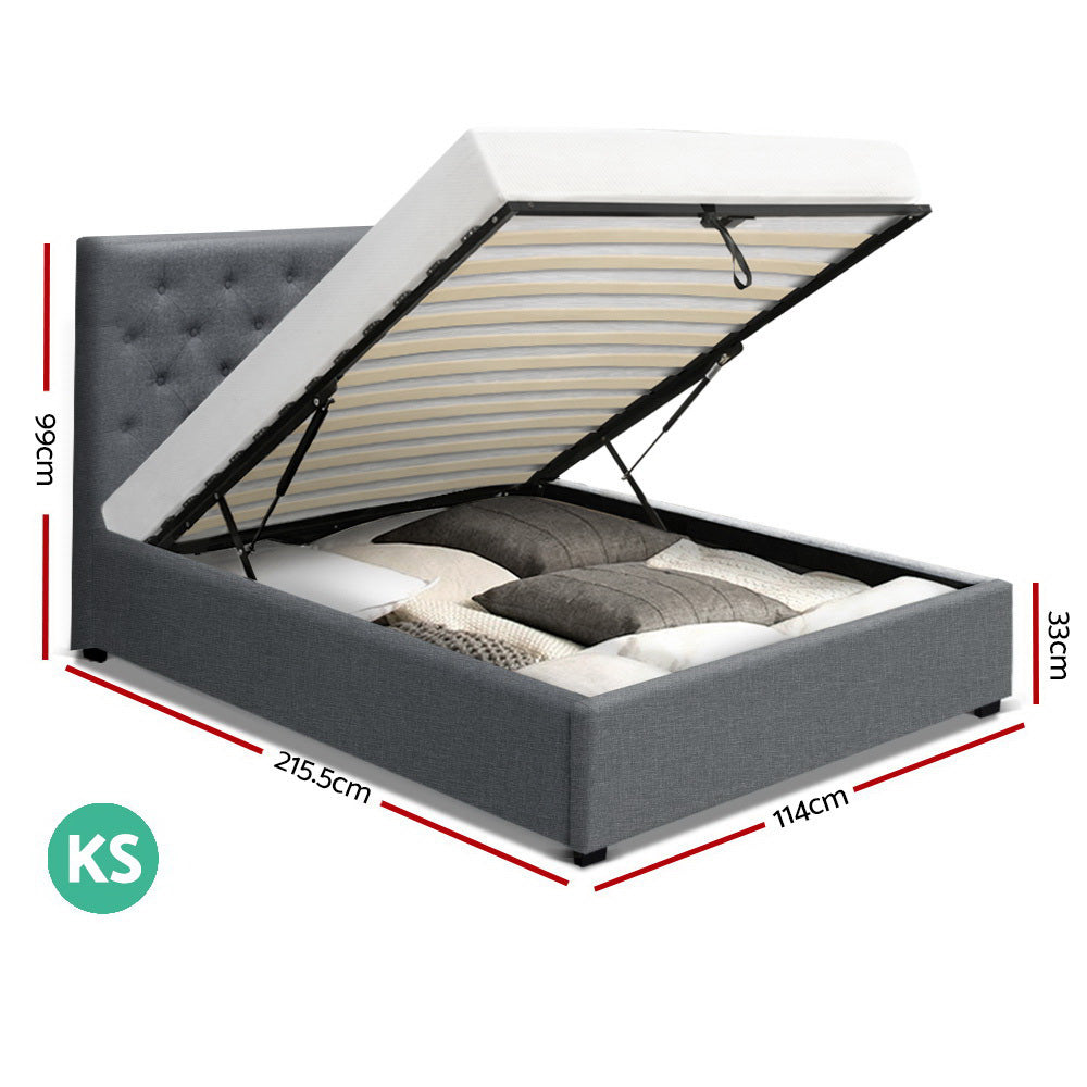 Bed Frame Fabric Gas Lift Storage - Grey King Single - image2