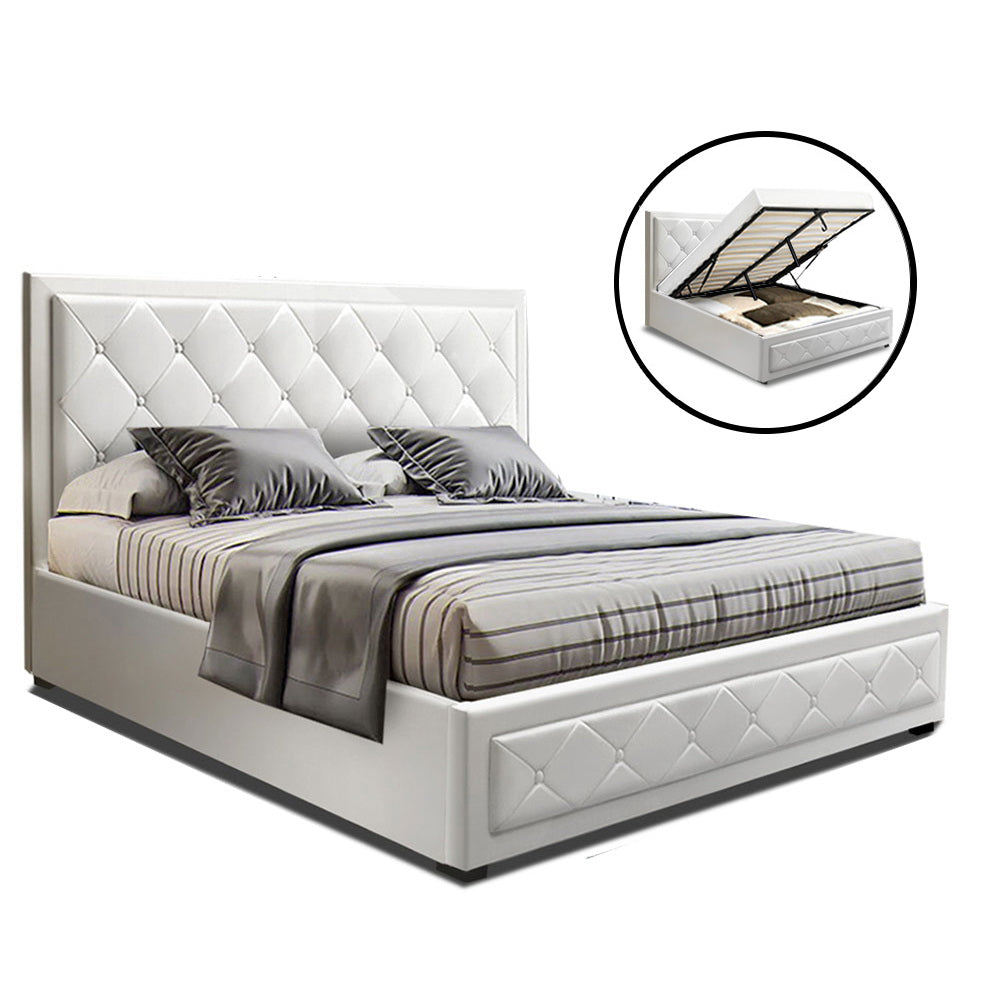 Tiyo Bed Frame PU Leather Gas Lift Storage - White Double - image1