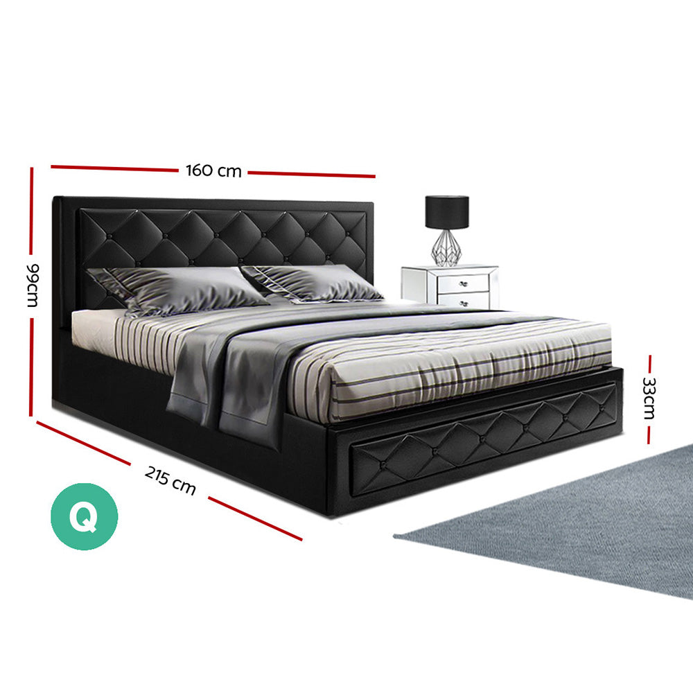 Tiyo Bed Frame PU Leather Gas Lift Storage - Black Queen - image2