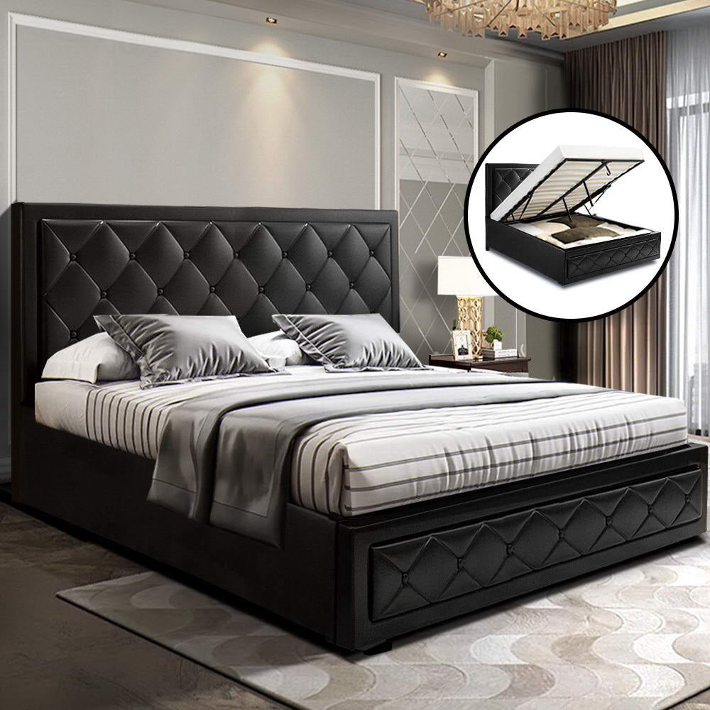 Tiyo Bed Frame PU Leather Gas Lift Storage - Black Queen - image7