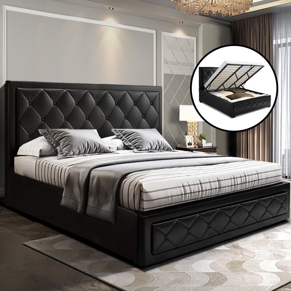 Tiyo Bed Frame PU Leather Gas Lift Storage - Black King - image7