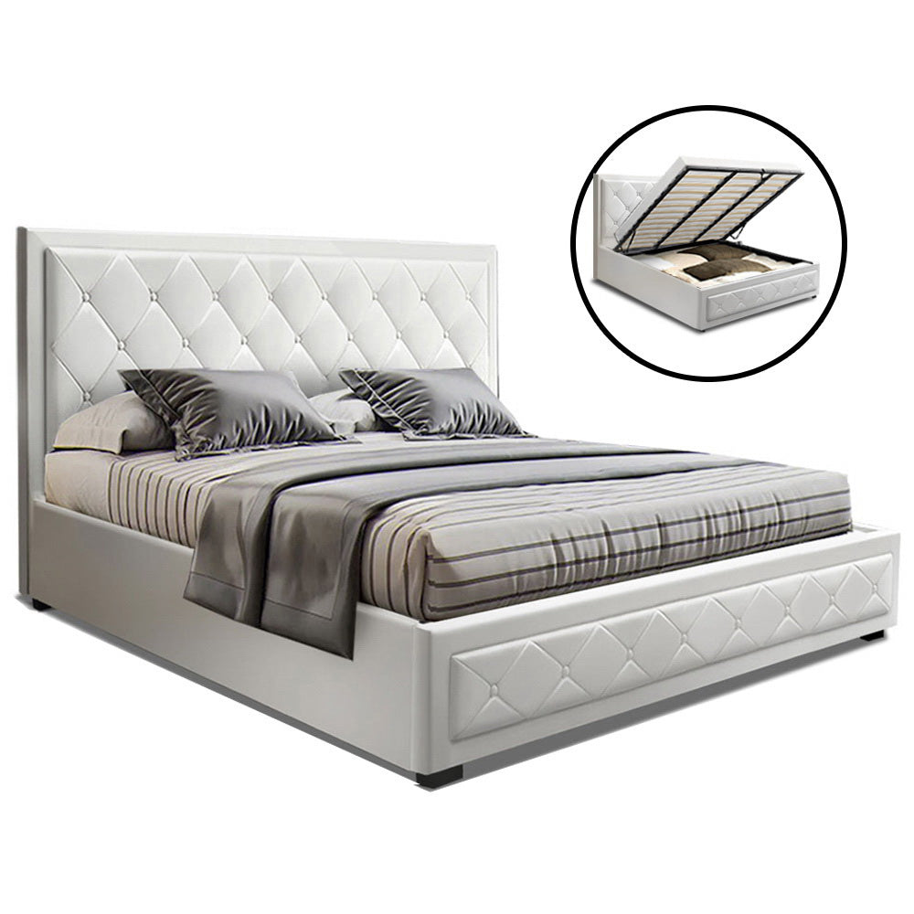 Tiyo Bed Frame PU Leather Gas Lift Storage - White King - image1