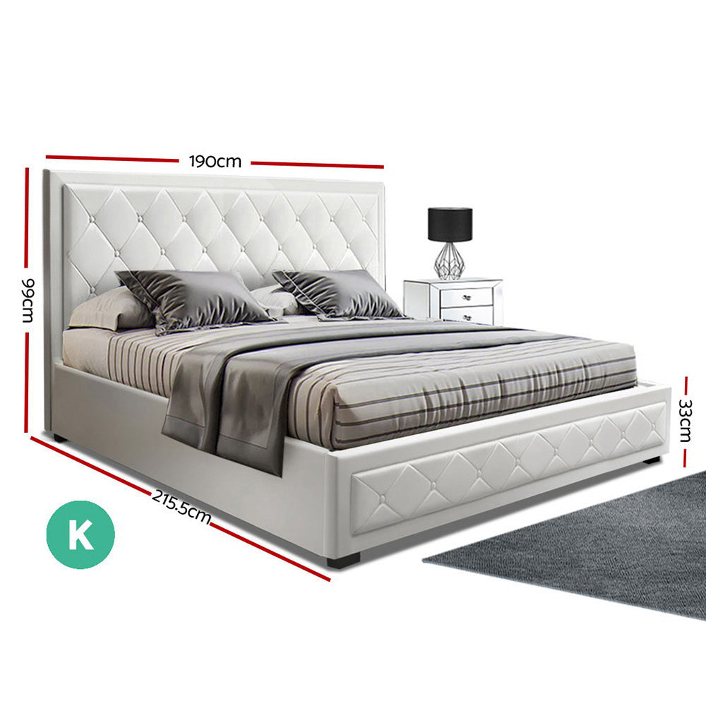 Tiyo Bed Frame PU Leather Gas Lift Storage - White King - image2