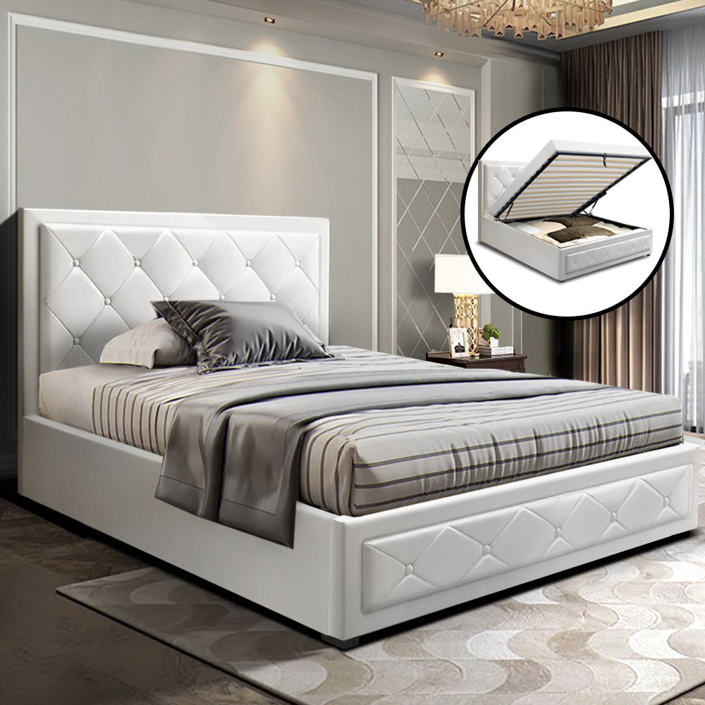 TIYO King Single Size Gas Lift Bed Frame Base With Storage Mattress White Leather - image7