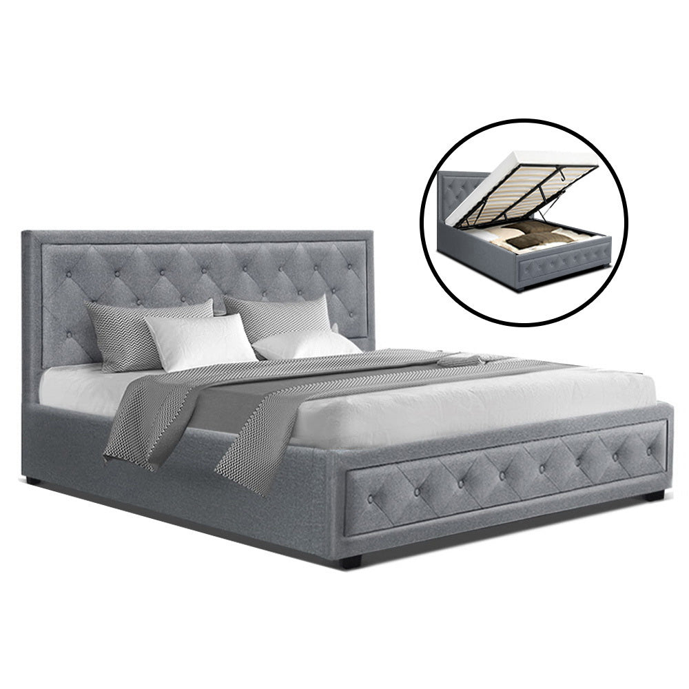 Tiyo Bed Frame Fabric Gas Lift Storage - Grey Queen - image1