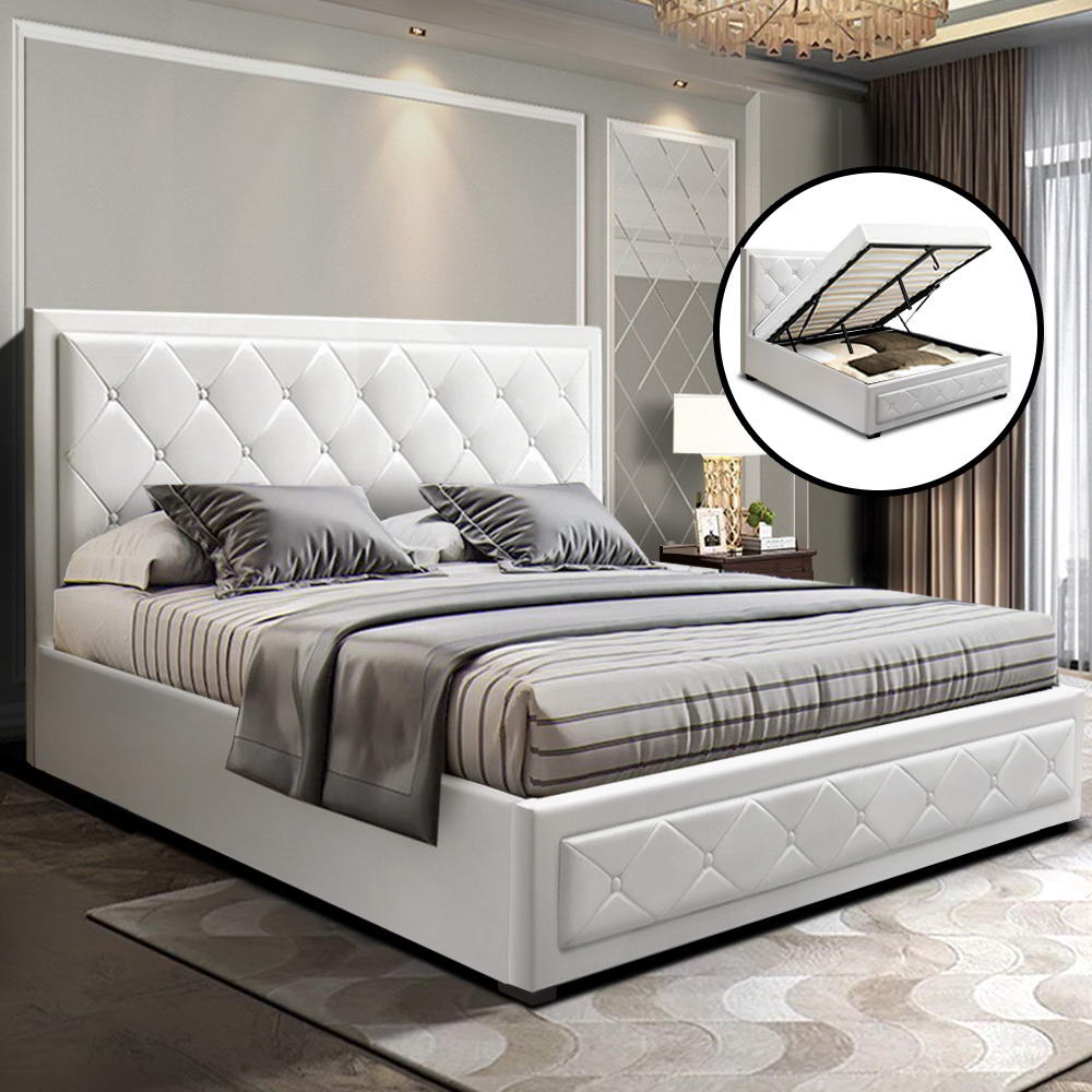 Tiyo Bed Frame PU Leather Gas Lift Storage - White Queen - image7