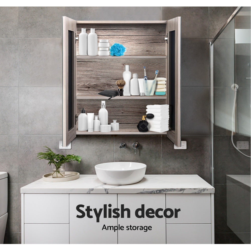 Bathroom Mirror Cabinet Vanity Medicine Shave Wooden Natural 600mm x720mm - image5