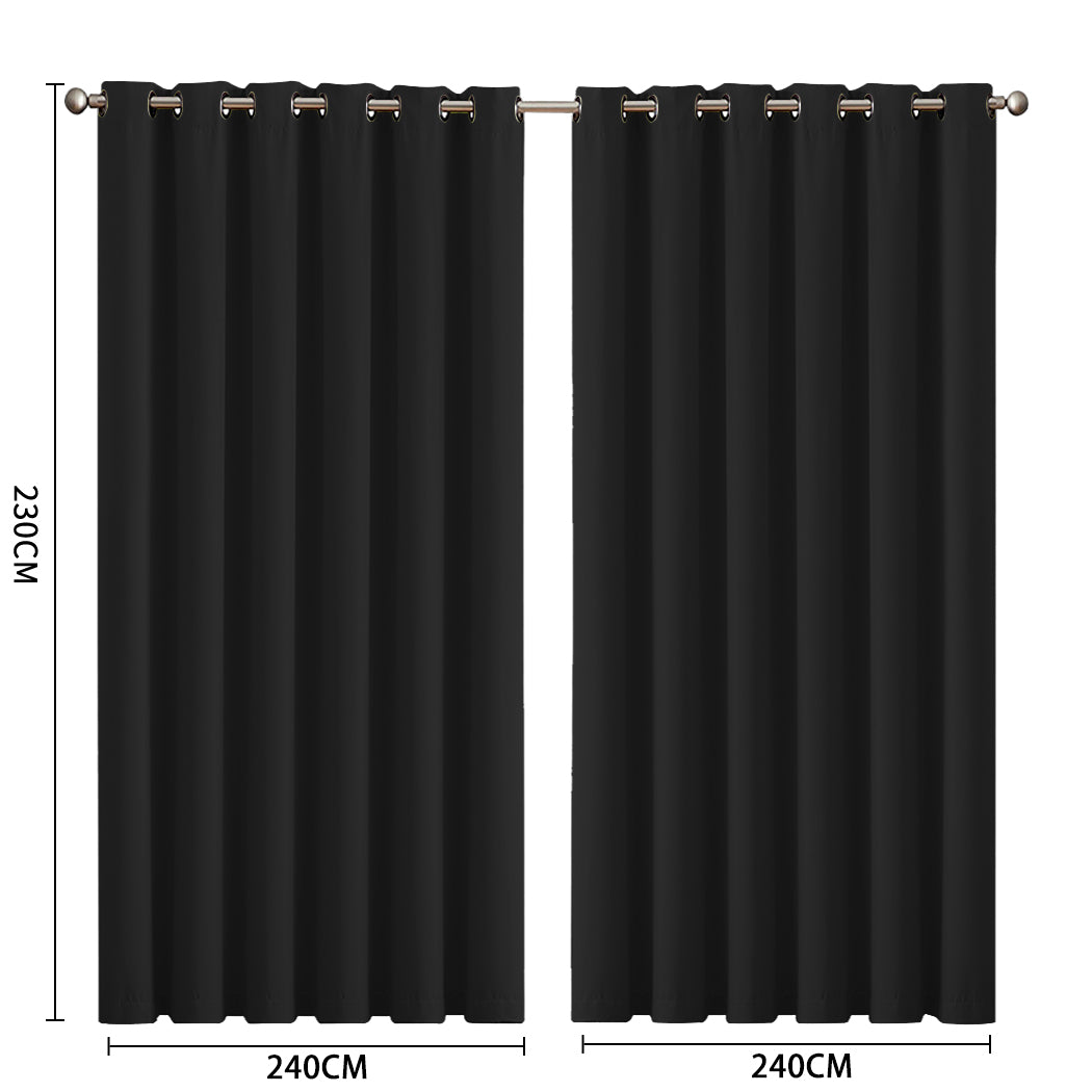 2x Blockout Curtains Panels 3 Layers Eyelet Room Darkening 240x230cm Black - image3