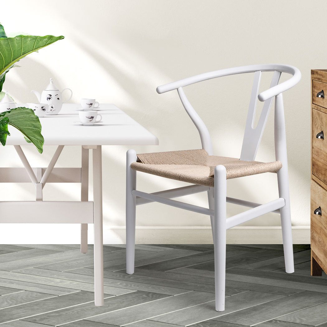 Set of 2 Dining Chairs Rattan Seat Side Chair Kitchen Wood Furniture White - image7