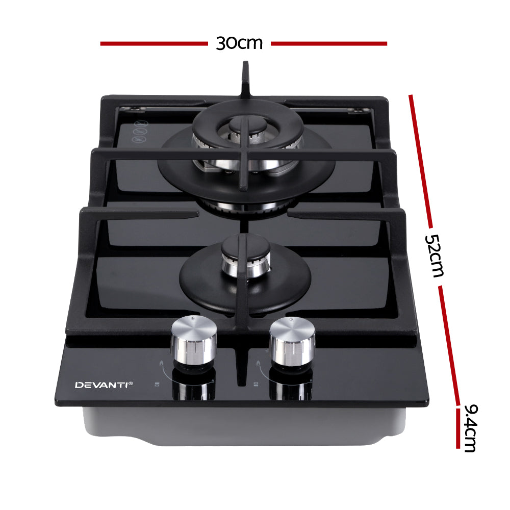 Gas Cooktop 30cm Gas Stove Cooker 2 Burner Cook Top Konbs NG LPG Black - image2